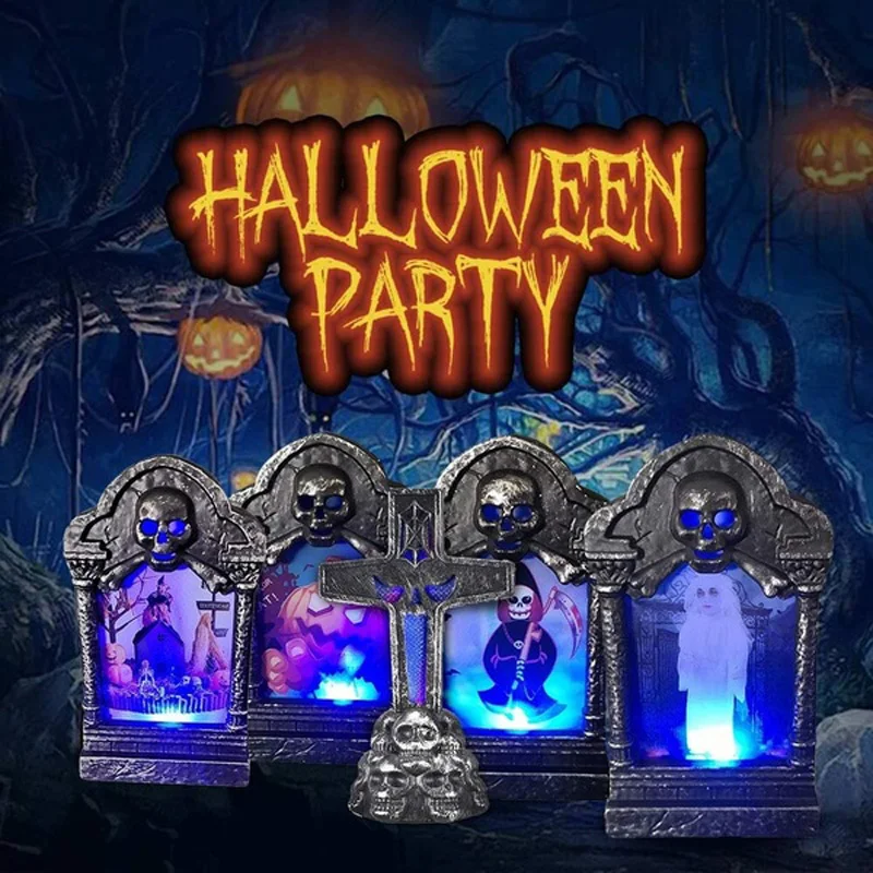 

Halloween Night Light Decorative Props Plastic Glowing LED Tombstone Home Garden Decor Simulation Pumpkin Skull Gravestone Lamp