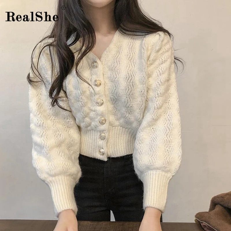 RealShe женский свитер 2019 v-образный вырез длинный рукав-фонарик на пуговицах