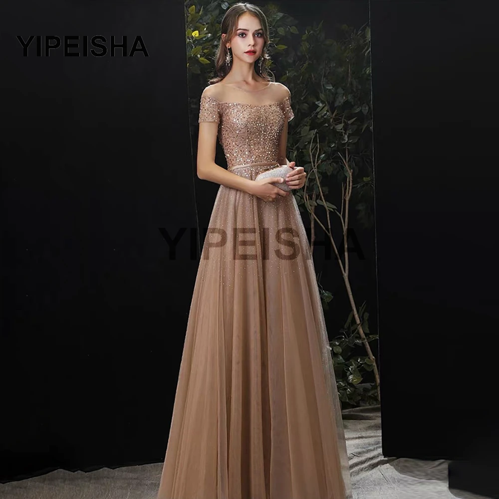 

Champagne Short-Sleeved A-Line Evening Dress 2021 Luxury Sequin Bead Crystal Sheer Tulle Prom Party Gown robes de soirée