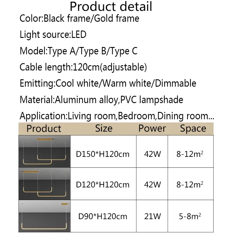 Luminarias Led colgantes de color negro y dorado, lámpara colgante hogar moderna para sala de estar, comedor, cocina, 150cm, 120cm