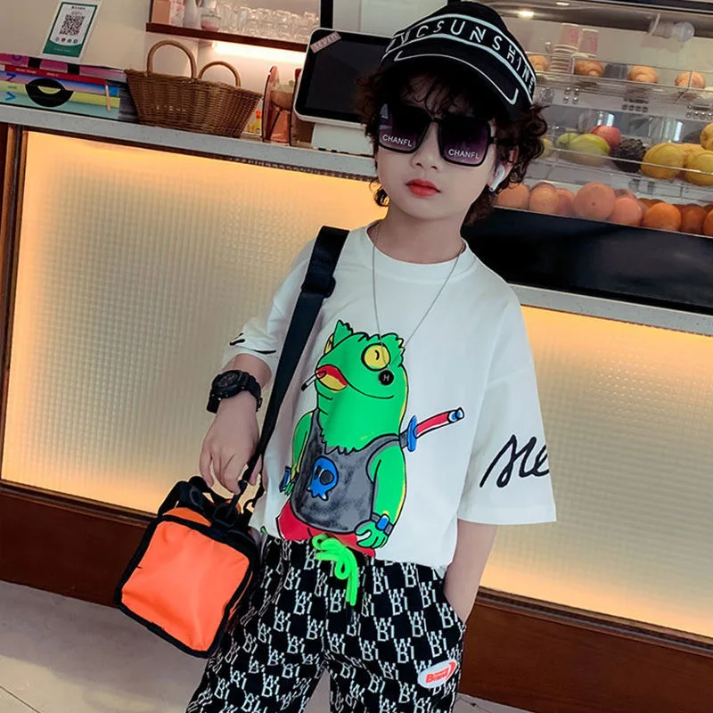 

2021 New Summer Children's Short-sleeved T-shirt Boy Lovely Cartoon Print Round Neck Top Kids Fashion Trend Clothes KT15