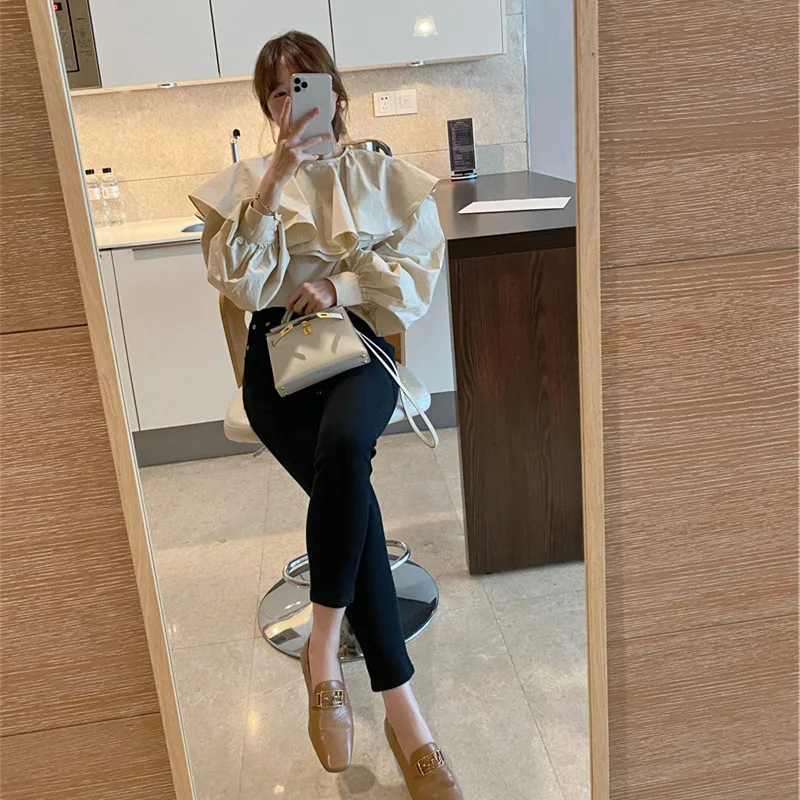 

Chic Elegant Ruffles Lantern Long Sleeve Chiffon Shirt Stand Autumn Spring 2021 New Blouse
