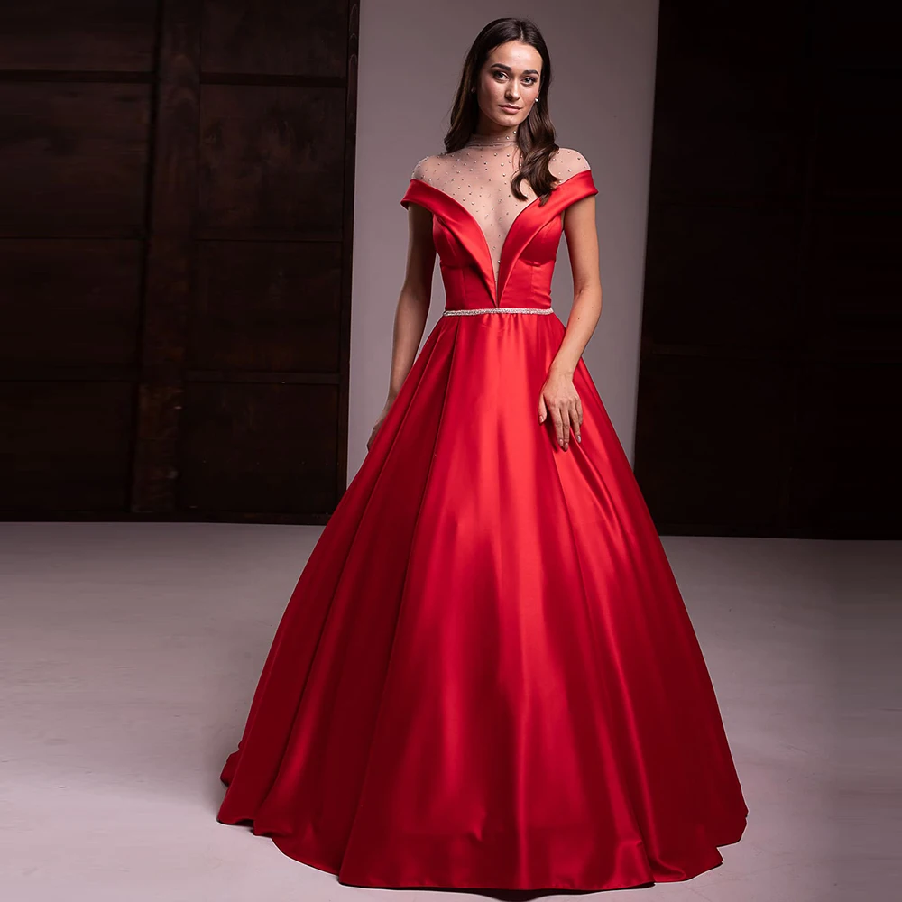 

Элегантное Атласное Вечернее платье с бисером, иллюзионное красное бальное платье с коротким рукавом для выпускного вечера, в пол, на пугов...