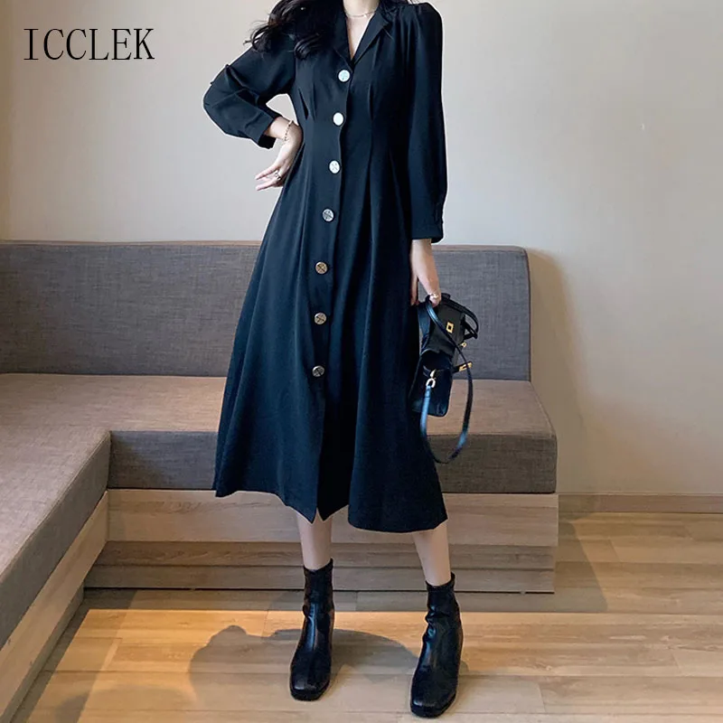 

One-Piece Vintage Single-Breasted V-Neck Pullover Long Sleeves Dress Midi Dress 2021Spring Autumn New Fashion Black Dress Female