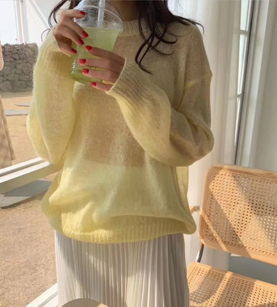 

SuperAen 2021 осенний однотонный Универсальный простой желтый микро-прозрачный солнцезащитный женский свитер с круглым вырезом