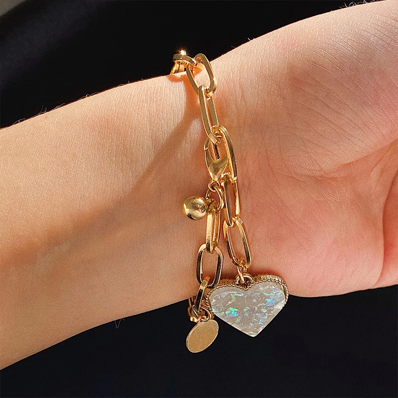 

Creative Natural Stone Heart-shaped Pendant Bracelet Romantic Women Gold Color Chain Accessories Fashion Party Jewelry Gift
