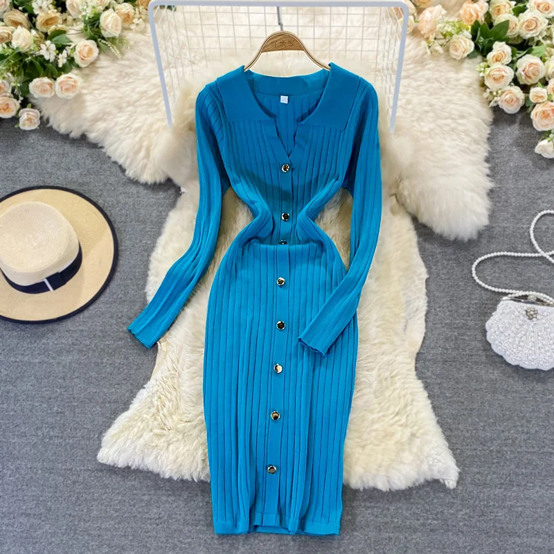 

Girl Half Open CollarKnitted Dress Women's Autumn Winter Korean Fashon Slim Medium Long Over Knee Sweater Knitting Dresses