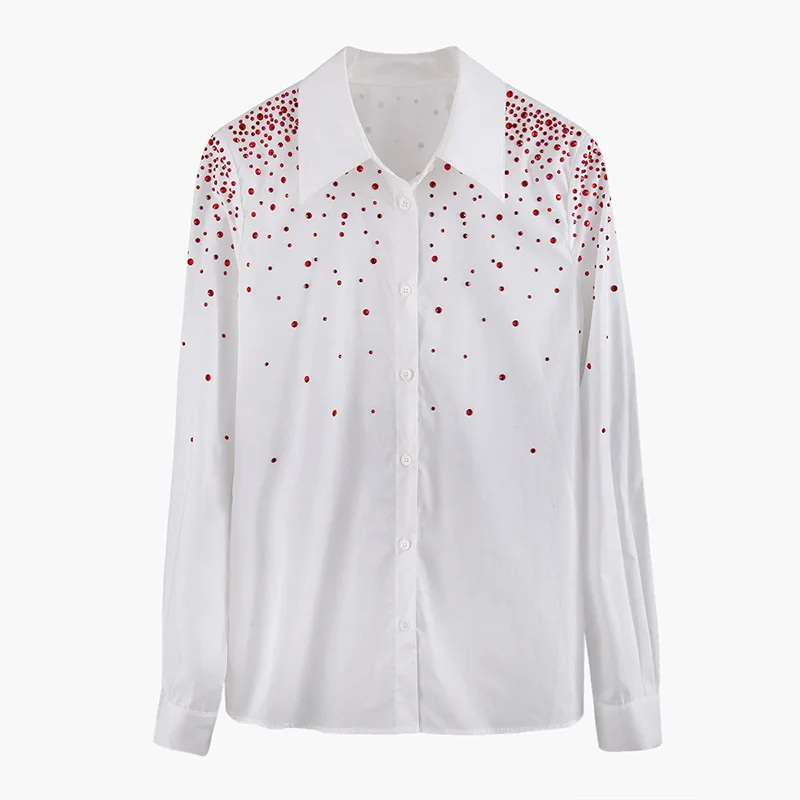 

New sizes bump color heavy hot drilling single breasted long sleeved shirt female show thin S1021 pure color joker