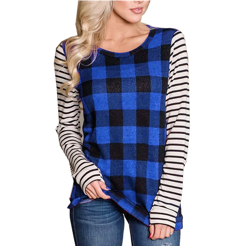 

2021 Autumn And Winter Women's New Base T-shirt Stripe Stitching T-shirt Joint Apparel Casual Qn*