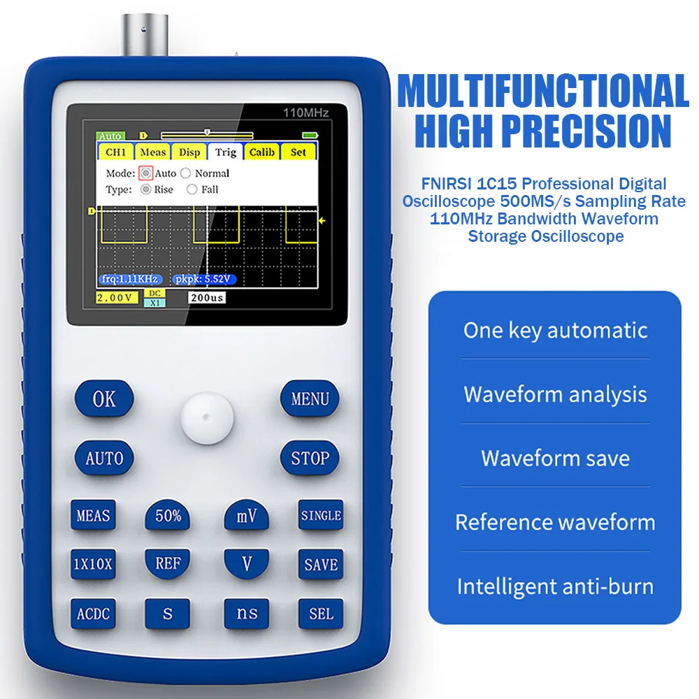 

FNIRSI 1C15 Digital Oscilloscope Set Professional 500MS/S Sampling Rate with 110MHz Bandwidth 1KHz/3.3V Square Wave Oscilloscope