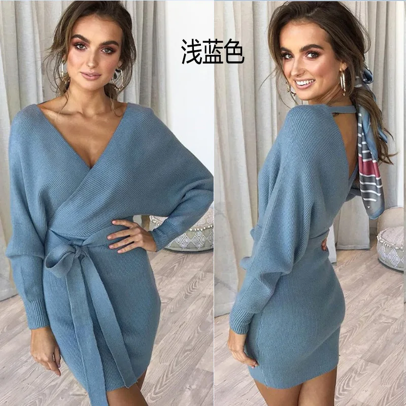 

2021 autumn and winter new women's European and American urban sexy lace-up v-neck bag hip hedging long-sleeved ladies dress