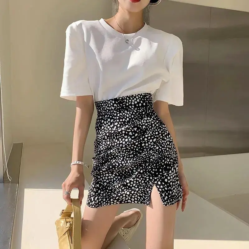 

Spring Summer New Leopard Print High Waist Split A-line Skirt Female Korean Fashion All-match Skirts Womens 2021 Femme Y88