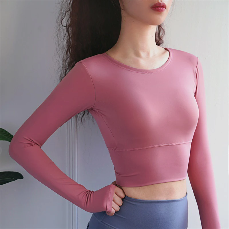 

Женский укороченный бесшовный топ с длинным рукавом, спортивная одежда для женщин, футболка для спортзала или йоги с отверстиями для большо...