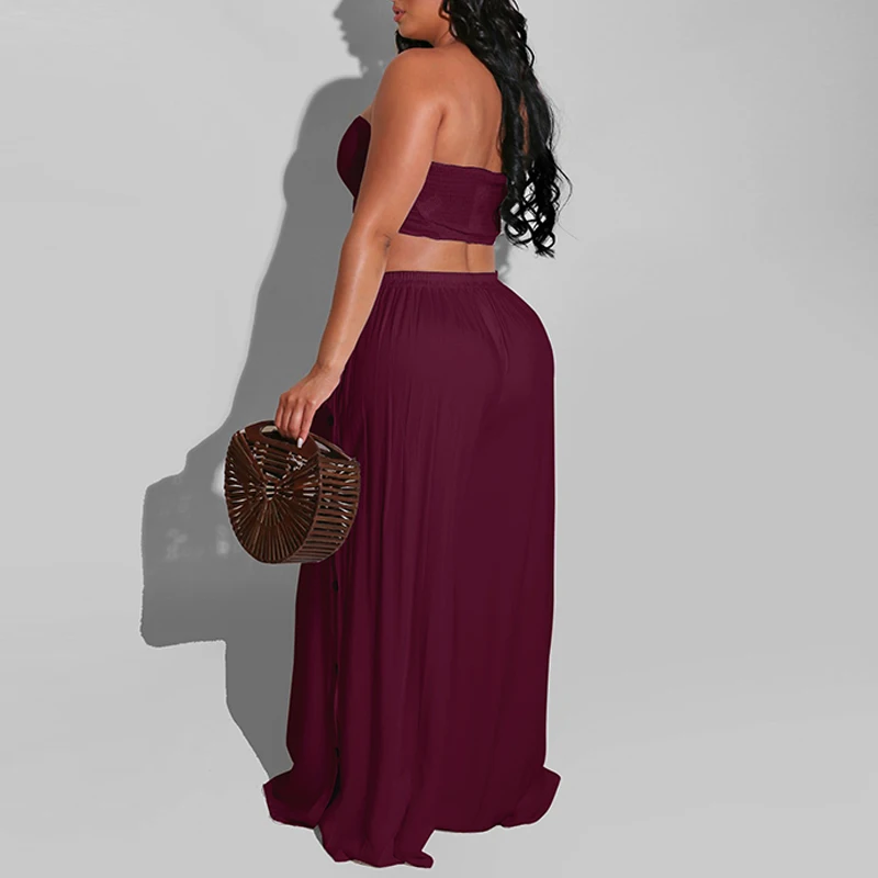 

Two Piece Chic Party Suits Strapless Crop Top & Side Button Wide Leg Loose Pants Set