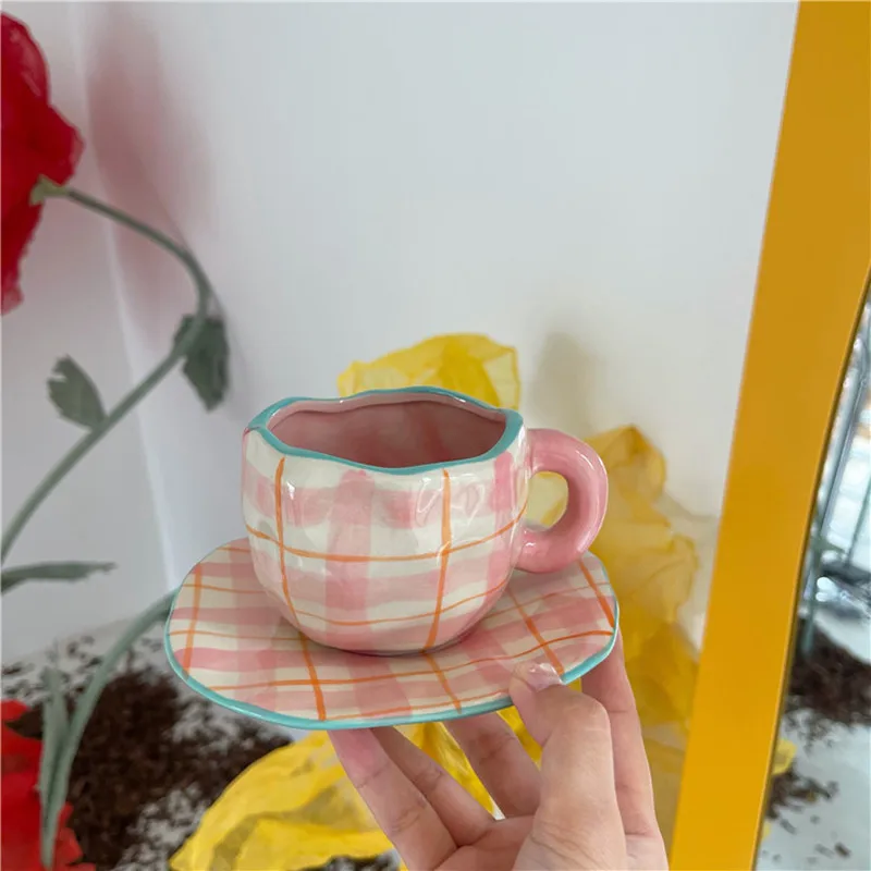 

Nordic Small Pink Irregular Ceramic Cup Decorative Breakfast Drinking Milk Tea Cup Wedding Reusable Coffee Cup Saucer