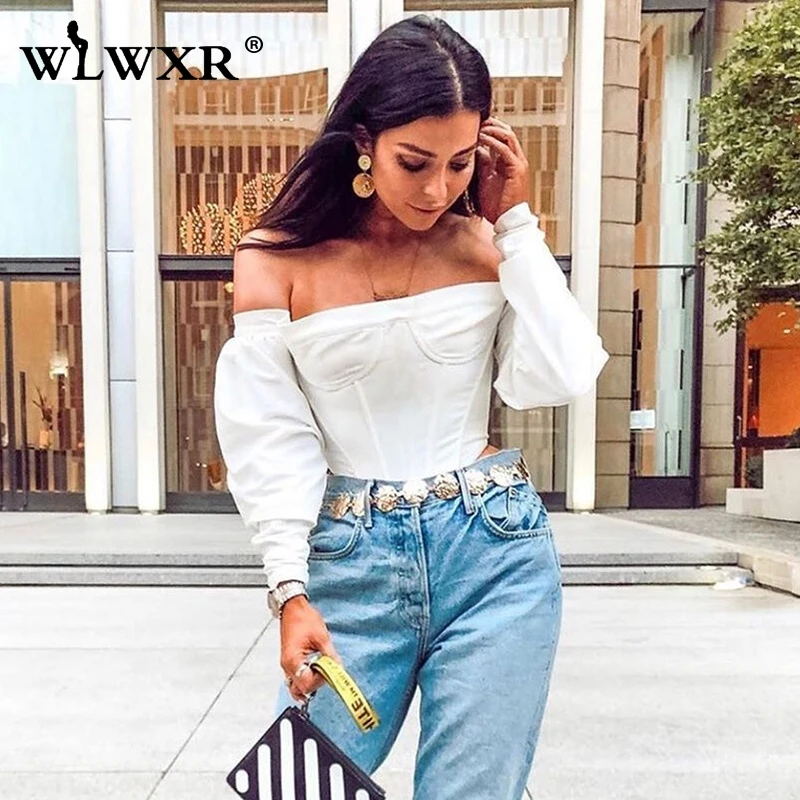 WLWXR футболка с открытыми плечами женский Атласный топ обрезанный 2019 однотонный