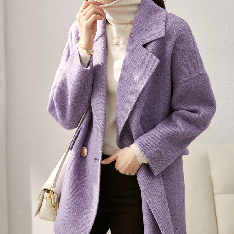 

Женская однотонная шерстяная куртка, элегантное офисное пальто с отложным воротником и длинным рукавом в Корейском стиле, Повседневная Ули...