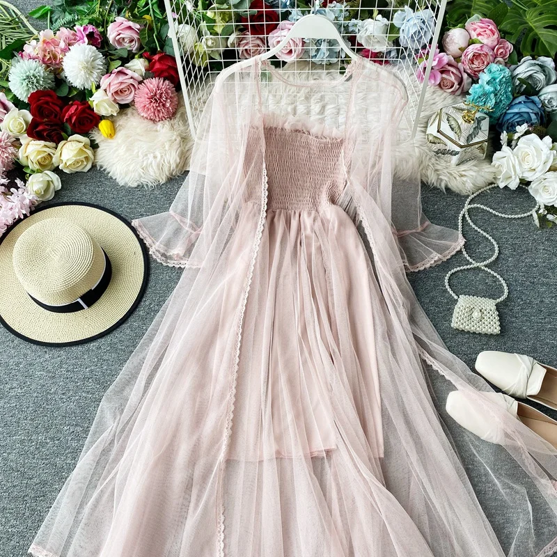 

Fashion Women Beach Dress Summer Spaghetti Strap Patchwork Sweet Mesh Dresses Elegant Ladies Thin Coats Long Robe Vestidos Mujer