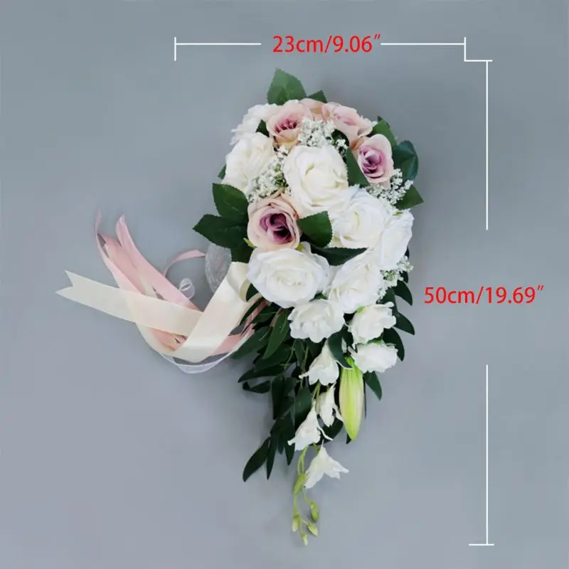 

Romantic Wedding Bridal Waterfall Bouquet Artificial Rose Flowers with Ribbon