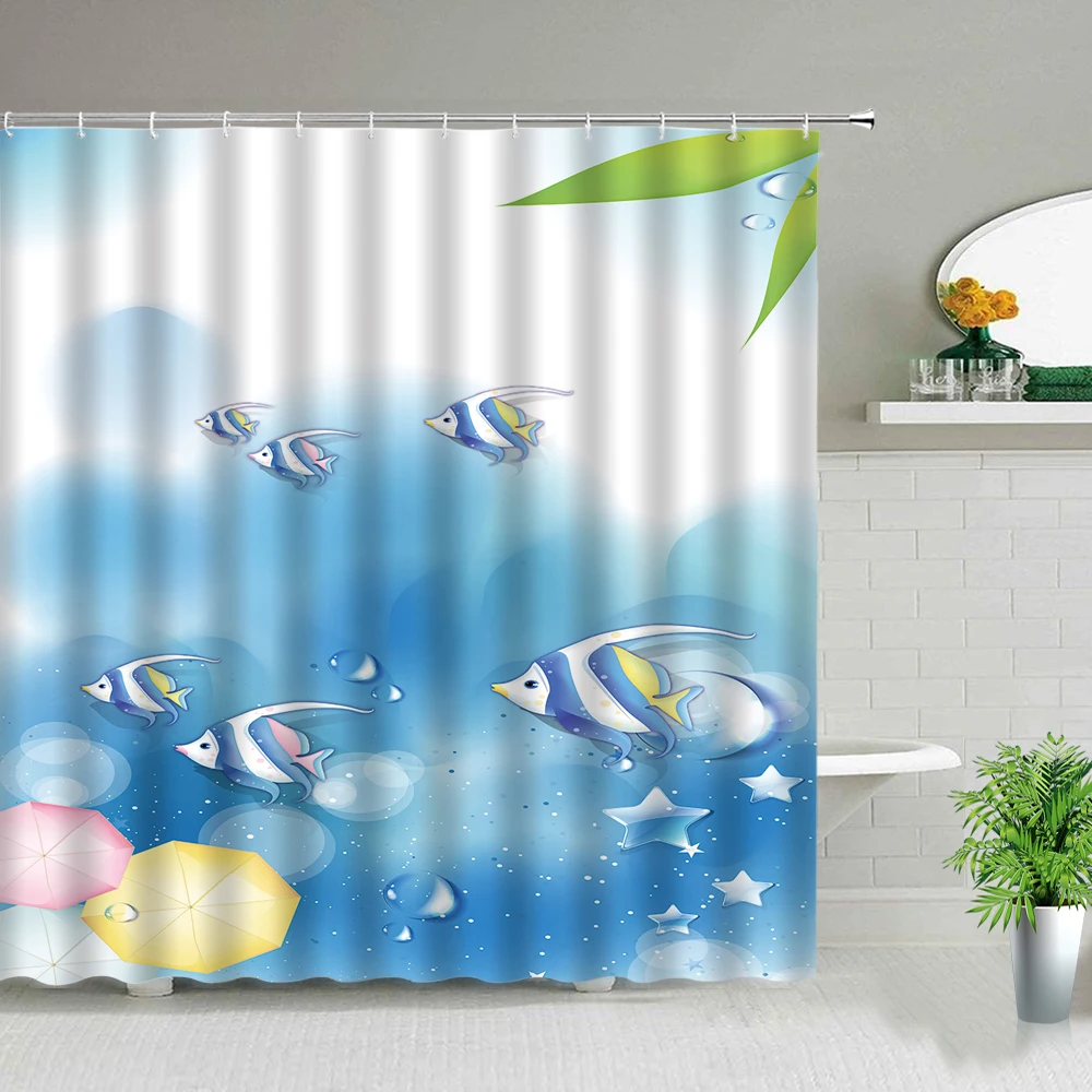

Seabed World Cartoon Ocean Animal Tropical Fish Shower Curtain Child Baby Bathroom Screen Bathtub Decor Hanging Curtains Gifts