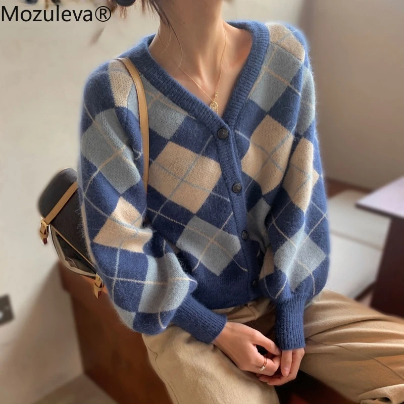 Mozuleva New Autumn Vintage Argyle Knitted Sweaters Women Casual V-neck Full Sleeve Single-breasted Loose Female Cardigans 2021 |
