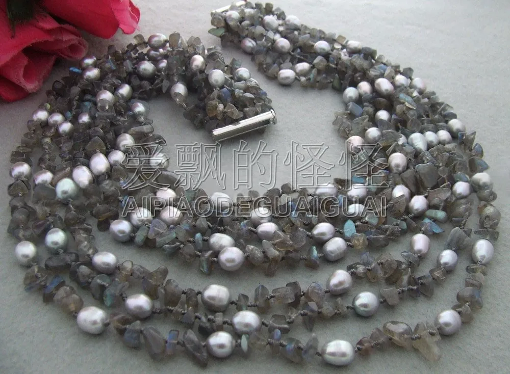 N042002 19 &quot8 нитей жемчуга и Природный лабрадорит ожерелье|natural labradorite|necklace