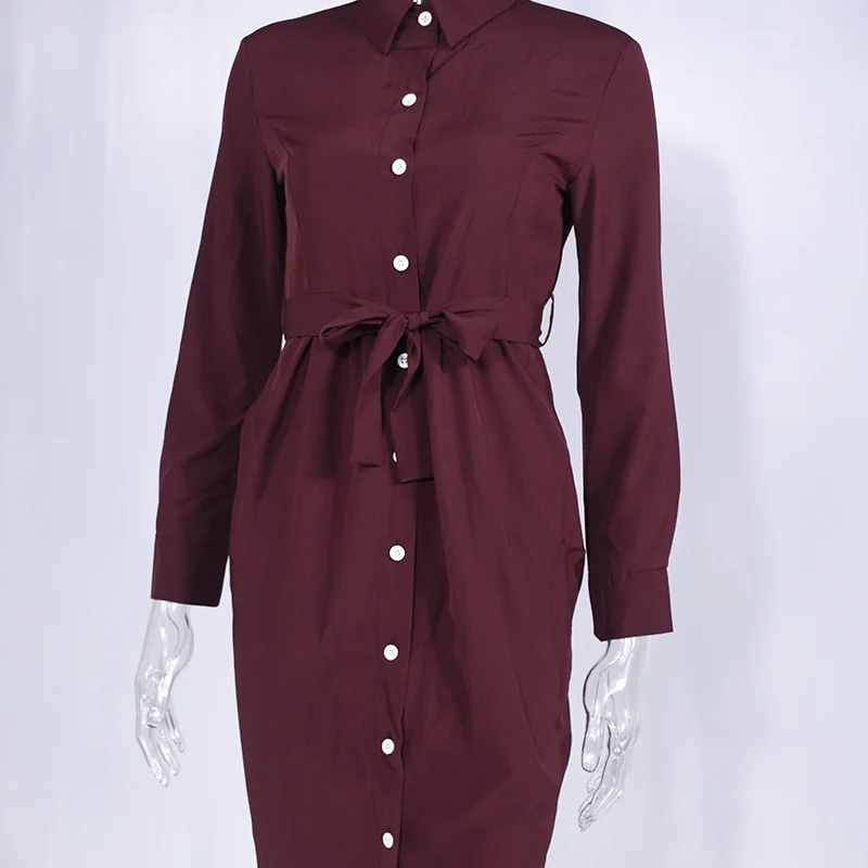 

Fashion Long Sleeve Robe Women Vintage Front Button Sashes A-line Dress Turn Down Collar Solid Elegant Dresses Autumn Bodycon
