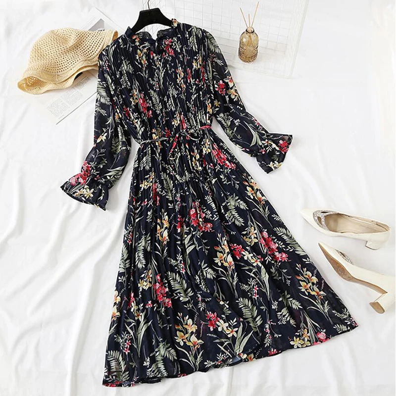 Женское шифоновое платье с цветочным принтом винтажное Свободное длинным