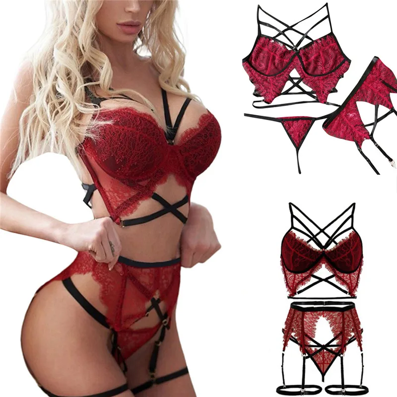 Женское нижнее белье комплект из трех предметов сексуальное кружевное Сетчатое