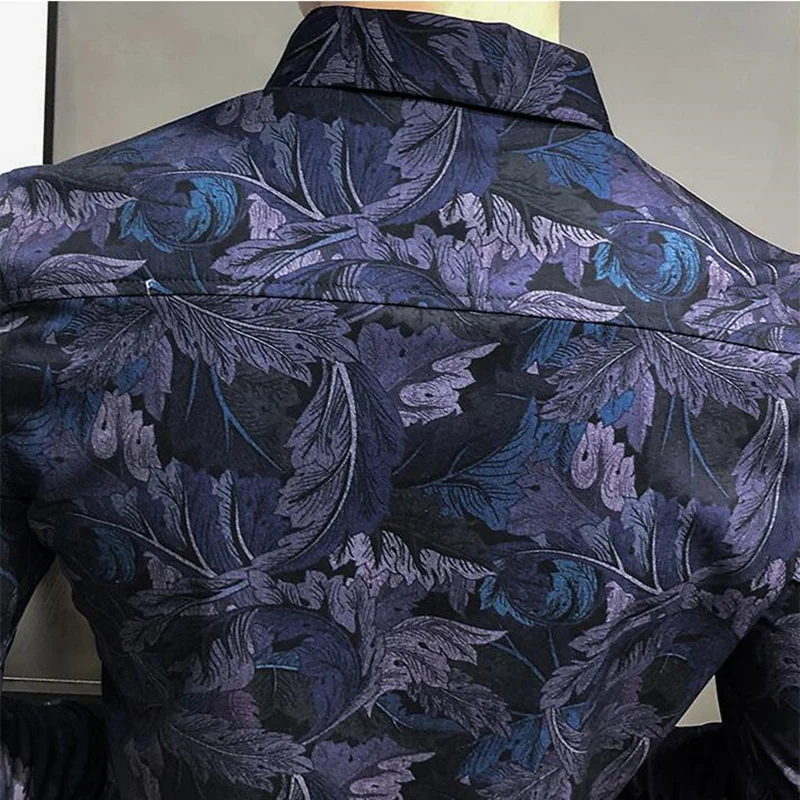 

Blue Purple Feather Printed Shirts For Men Long Sleeve Streetwear Shirt Male Casual Camisa Hombre Mens Fashion Clothing V241