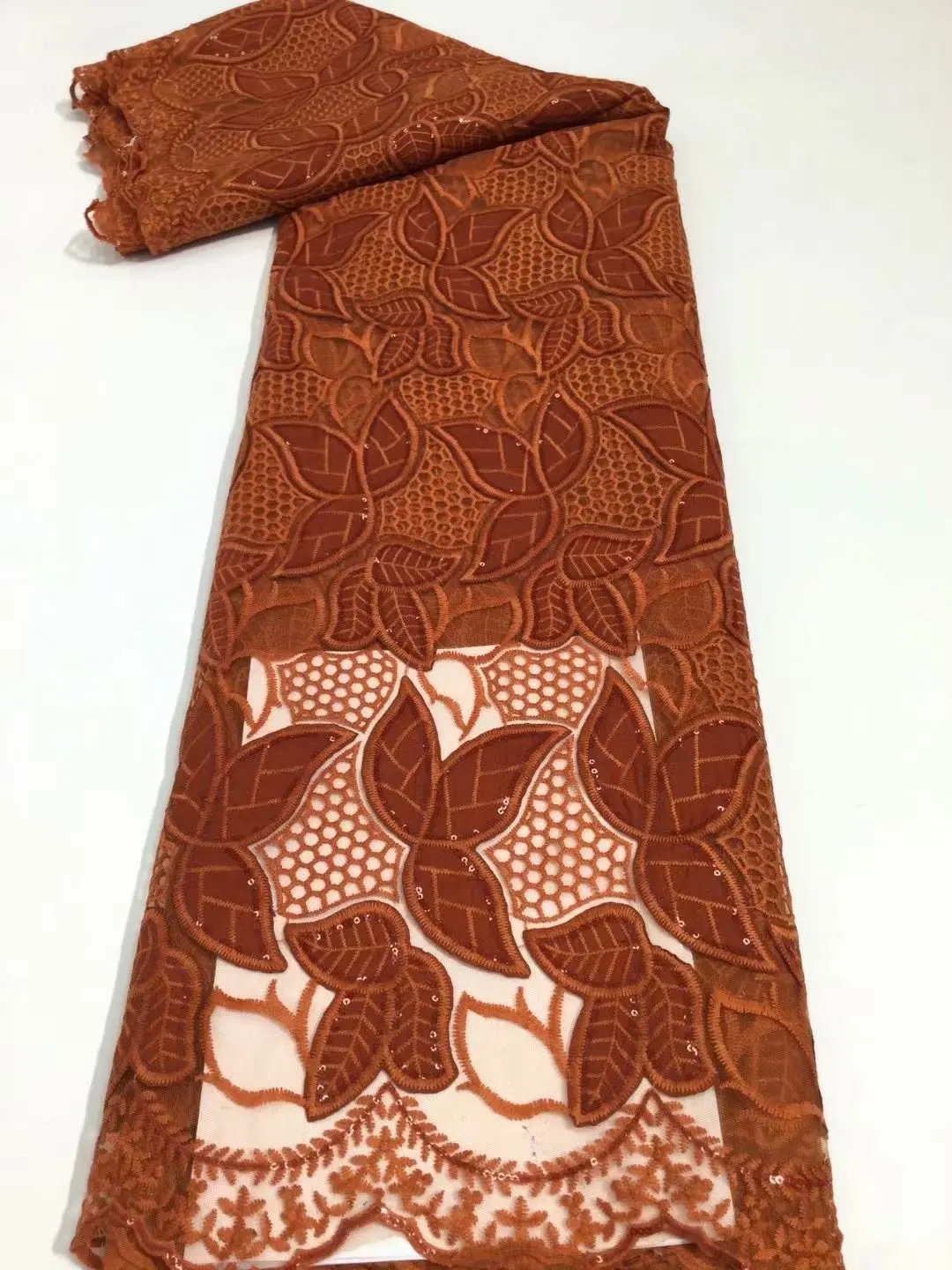 

Burnt Orange Chiffon Patches Lace Fabric Three Leaves Shape With Sequins Garment For Wedding Sewing Designs