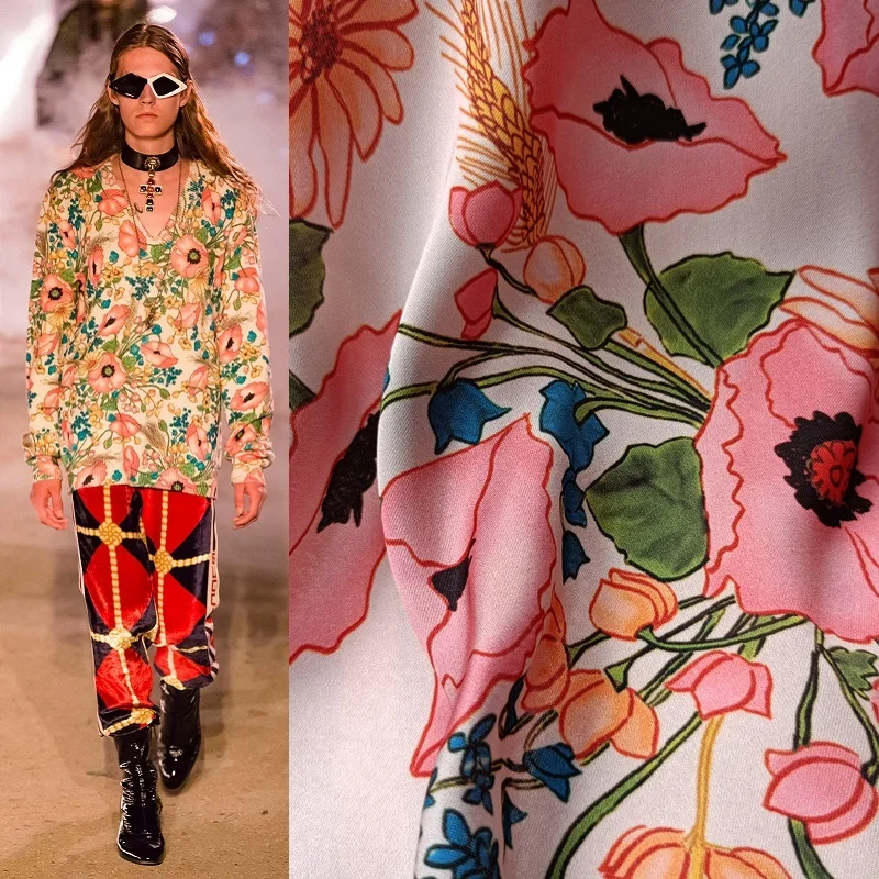 G Marke Lotus Blatt Blume Imitation Seide Gedruckt Polyester Stoff Sommer Kleid Mode Haute Couture Tuch Material Pro Yard