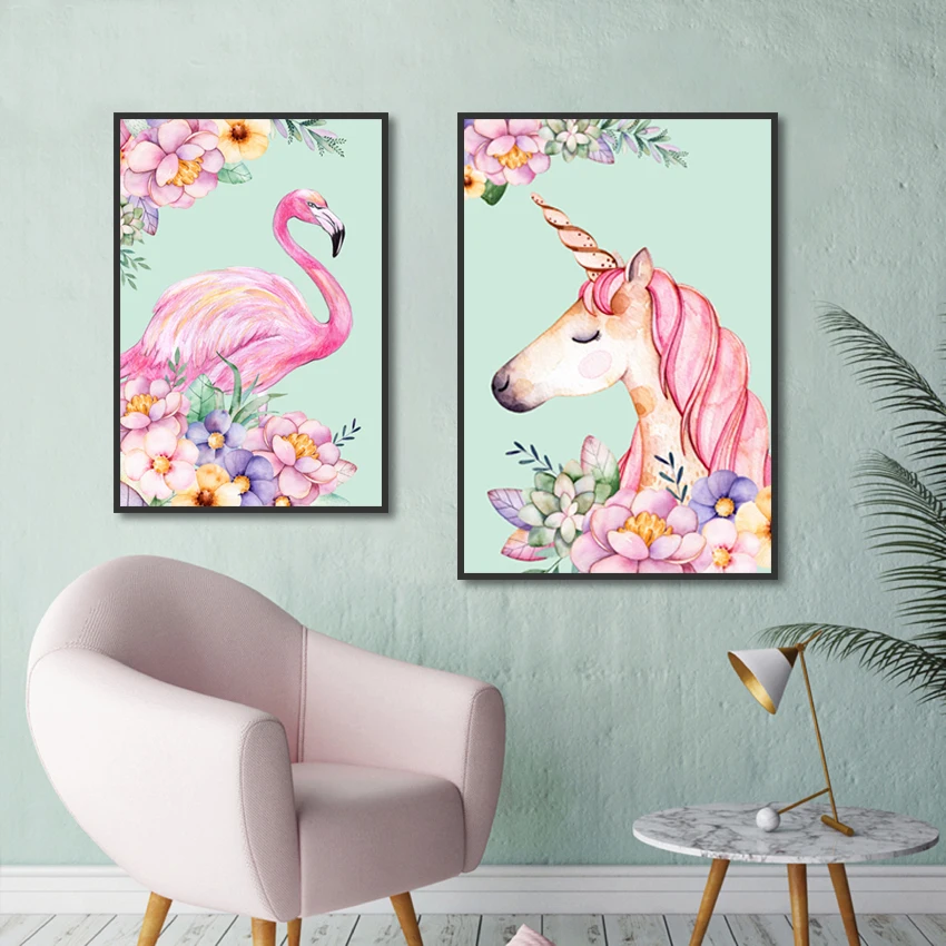 Красивый розовый Фламинго и единорог Красочные цветы холст живопись плакаты