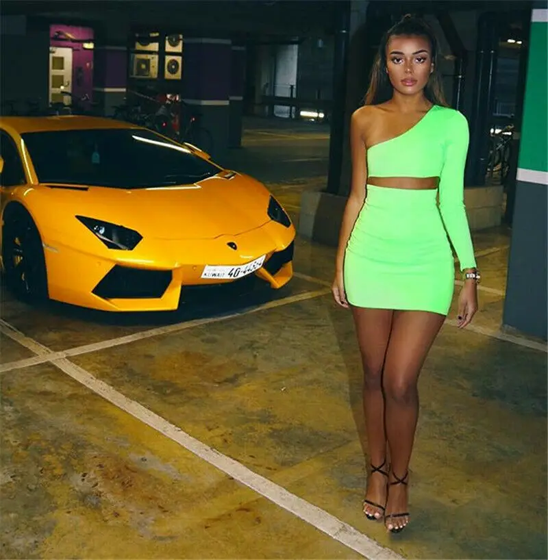 Женский комплект из двух предметов с одним плечом неоновый 2 сексуальным