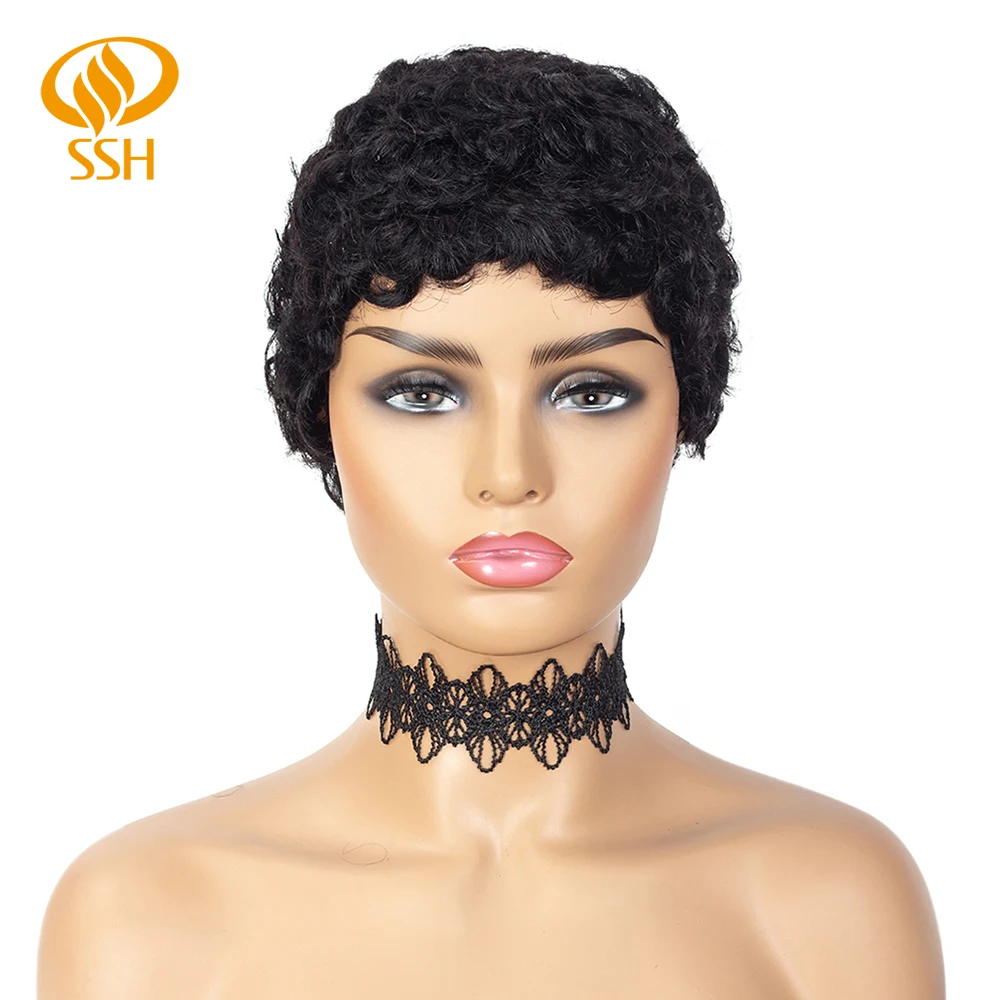 Афро вьющиеся короткие парики 100% человеческие волосы с челкой вырезанные афро