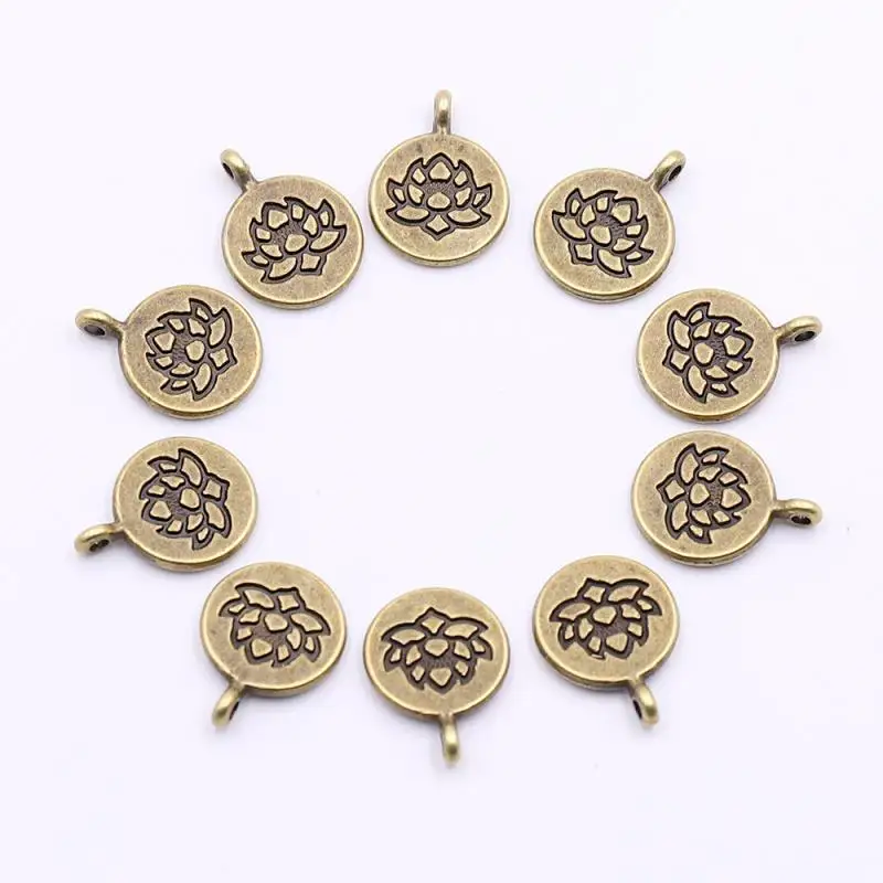 10 шт. Круглые античные латунные подвески с лотосом для самостоятельного