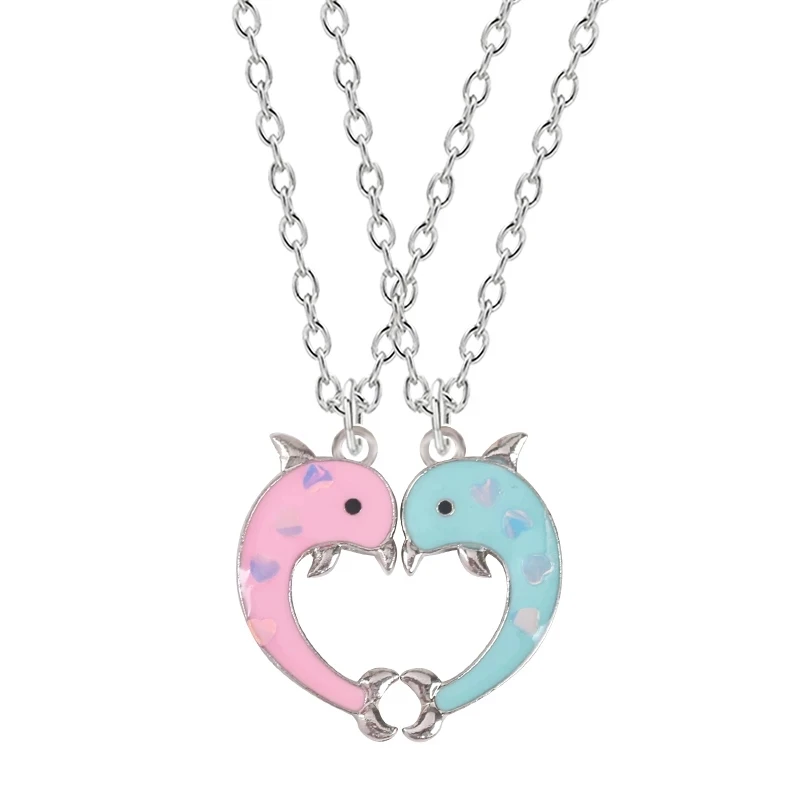 Hot Couple Pink Blue Heart Broken Best Friends Necklace Pendant Chain BFF Friendship Cute Jewelry Gifts For Kids 2PCS/Set images - 6