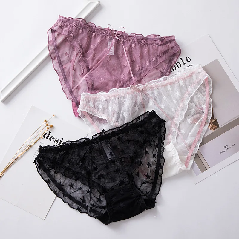 

5 Colors New Star Net Yarn Panties Women Cotton Crotch Japanese Perspective Sexy Low Waist Bow Lace Transparent Personality
