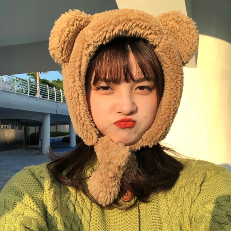 

2021 New Fashion Solid Beanies Women Winter Cute Bear Ears Warm Hat Windproof Cap Student Women Add Wool Caps Female Present