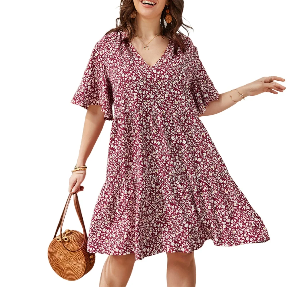 

2021 New Women Short Sleeve V-neck Summer Flower Print Plus Size Dress Casual Flare Sleeve A-line Dresses Women's Fashion Beach