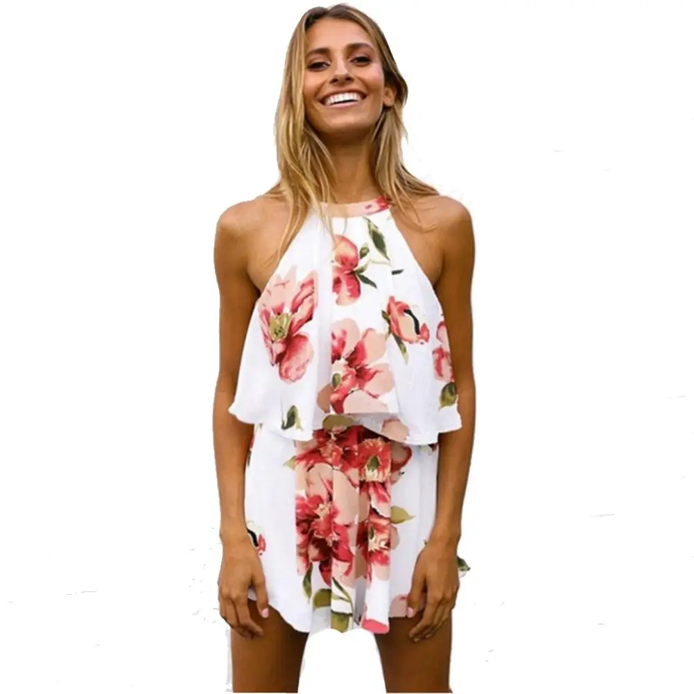 

MISSKY 2 Piece Set Women's Suit Summer Chiffon Sleeveless Off-The-Shoulder Hanging Neck Style Floral Print Female Sets