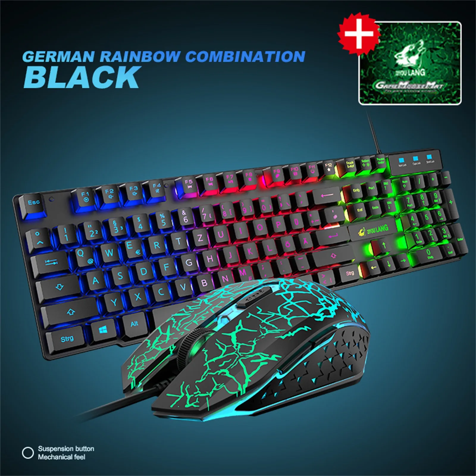 

T13 German keyboard Mouse Combos Rainbow/RBG light Backlight Usb Black Ergonomic Gaming Keyboard and Mouse Set for PC Laptop