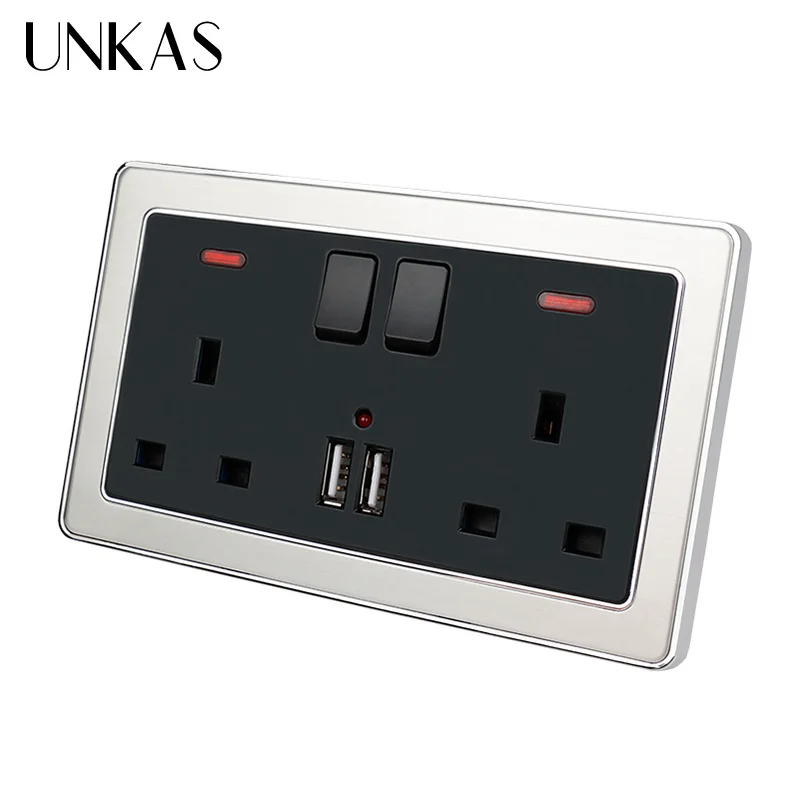 Настенная розетка UNKAS двойная стандарта Великобритании с неоновой рамой А черная