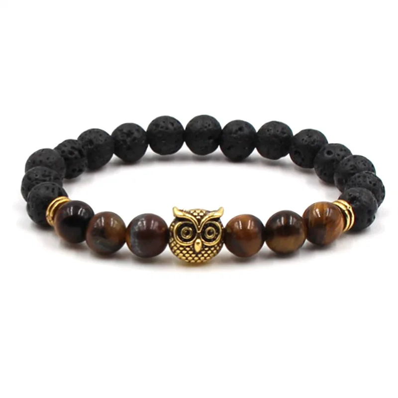 

Trendy 8mm Natural Black Volcanic Lava stone Beads distance Bracelet Zinc alloy owl Bracelets Bangle for Women&Men Noble Jewelry