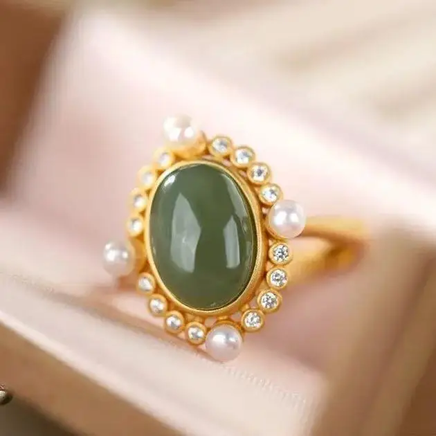 

Hetian Jade S925 Sterling Silver Gold Plated Gray Jade Open Ring Egg Noodles with Pearl Grace High-End Jade Jewelry
