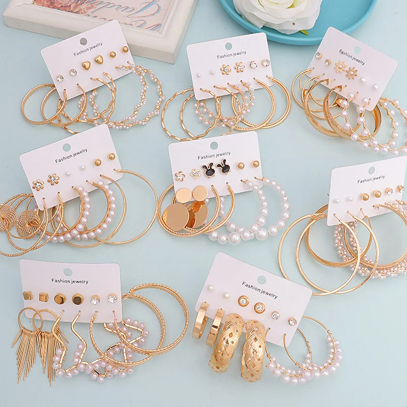 

Trendy Bohemia Tassel Earring Sets for Women Gold Pearl Geometric Hoop Earrings Flower Star Heart Stud Earrings Fashion Jewelry