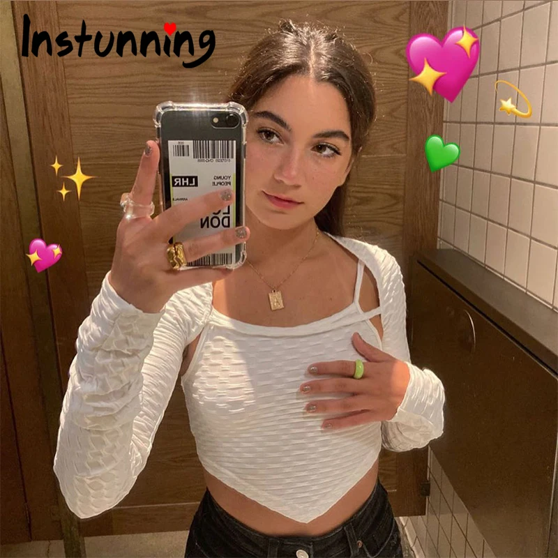 

Instunning модный Асимметричный жаккардовый пузырьковый Cami комплект из двух предметов футболка Топы 2021 Осенняя винтажная Милая привлекательна...