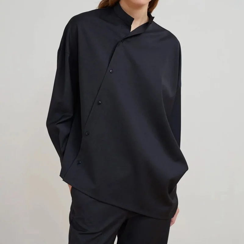 Асимметричная хлопковая рубашка большого размера с воротником стойкой длинными