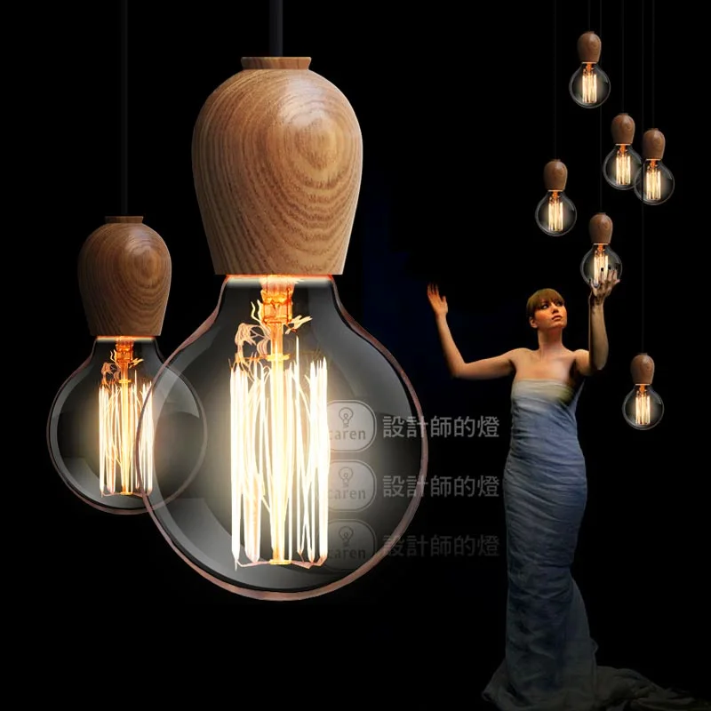 Скандинавские Ретро подвесные светильники из дубового дерева E27 черный провод