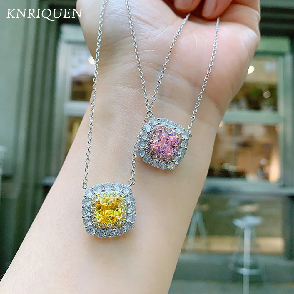 

Luxury Vintage 925 Sterling Silver 8*8mm Pink Quartz Topaz Lab Diamonds Pendant Necklace for Women Wedding Party Fine Jewelry
